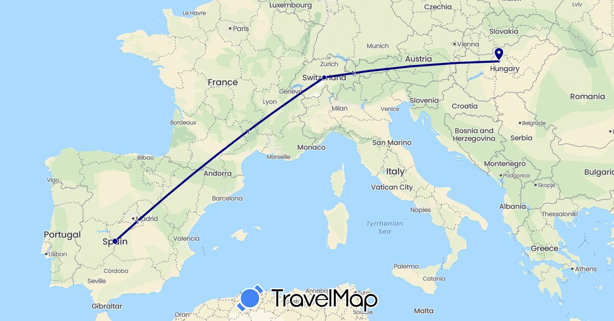 TravelMap itinerary: driving in Switzerland, Spain, Hungary (Europe)